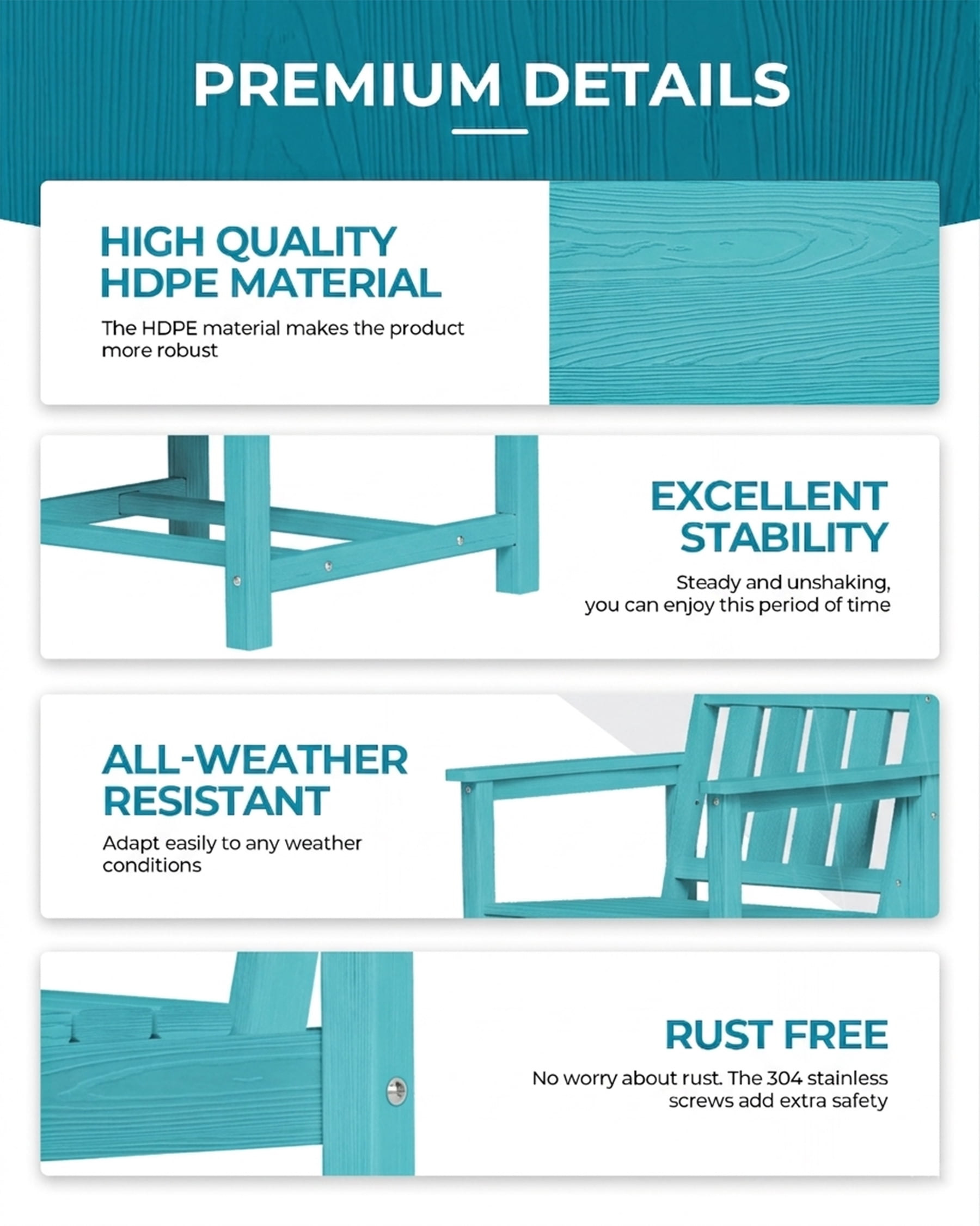 Harbweb 5pc HDPE Outdoor Dining Set, All-Weather Wood Grain Patio Furniture, Aqua