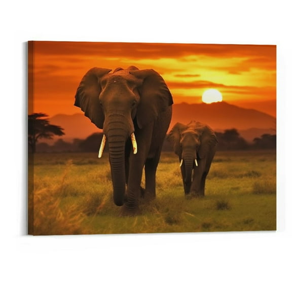 Shiartex  Elephant at Sunset Landscape Canvas Wall Art African Animals Picture Prints Nature Sunshine Paintings for Modern Kids Room Bedroom Decoration 20x16 Inch