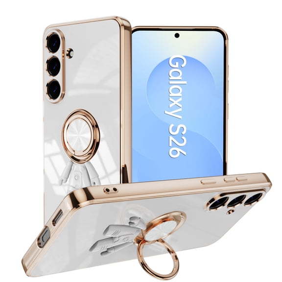 Case for Samsung Galaxy S26, Luxury Astronaut Ring Hoder Stand Plating Ultra Slim Support Magnetic Car Mount Drop Protective Phone Case Cover for Samsung Galaxy S26, White
