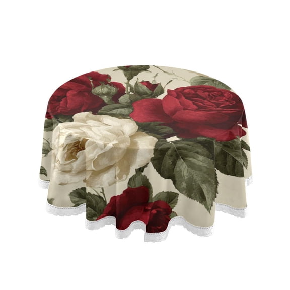 60 Inch Round Tablecloth with White Lace Trim Fall Table Cover for Elegant Dining Decor Red and White Roses
