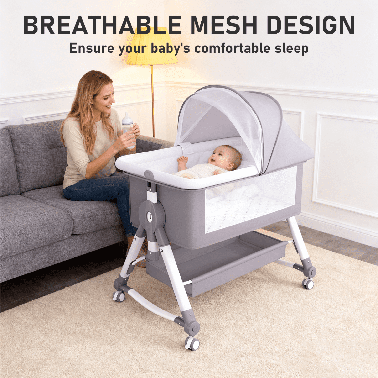 ManyFun 5 in 1 Wide Baby Bassinet Bedside with Diaper Changer with Height-Adjustable and Wheels,Gray
