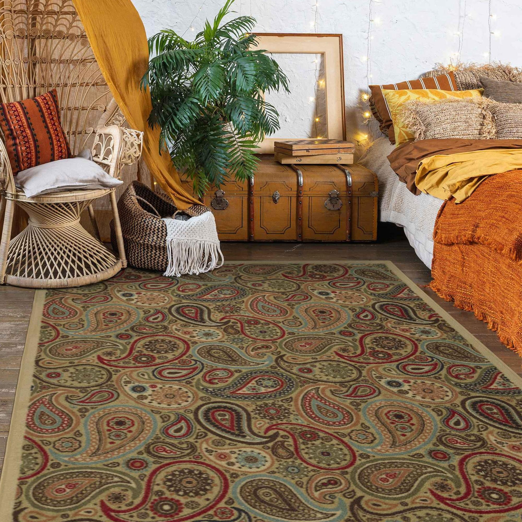 Ottomanson Paisley Area Rug 5' x 6'6" - Non Slip Low Pile Carpet, Beige
