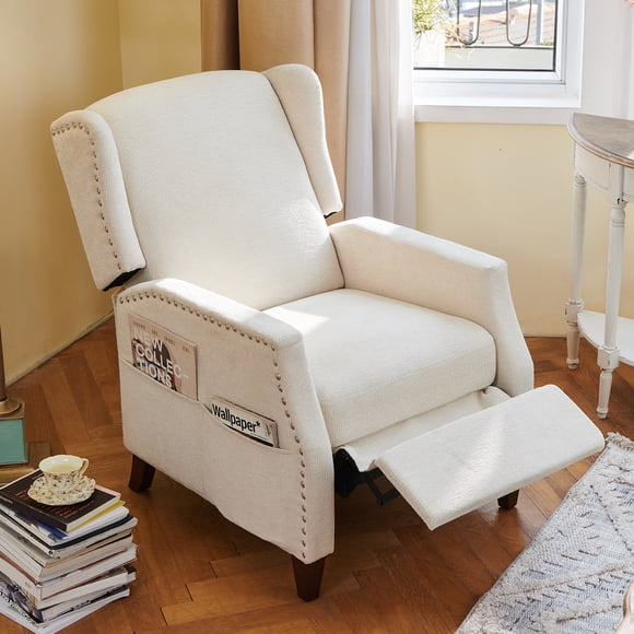 MALOL Wingback Pushback Recliner Chair with Storage Pocket, Upholstered Fabric Living Room Chair Armchair, Single Reclining Sofa with Wood Legs and Nailhead Trim for Home/Bedroom, Beige