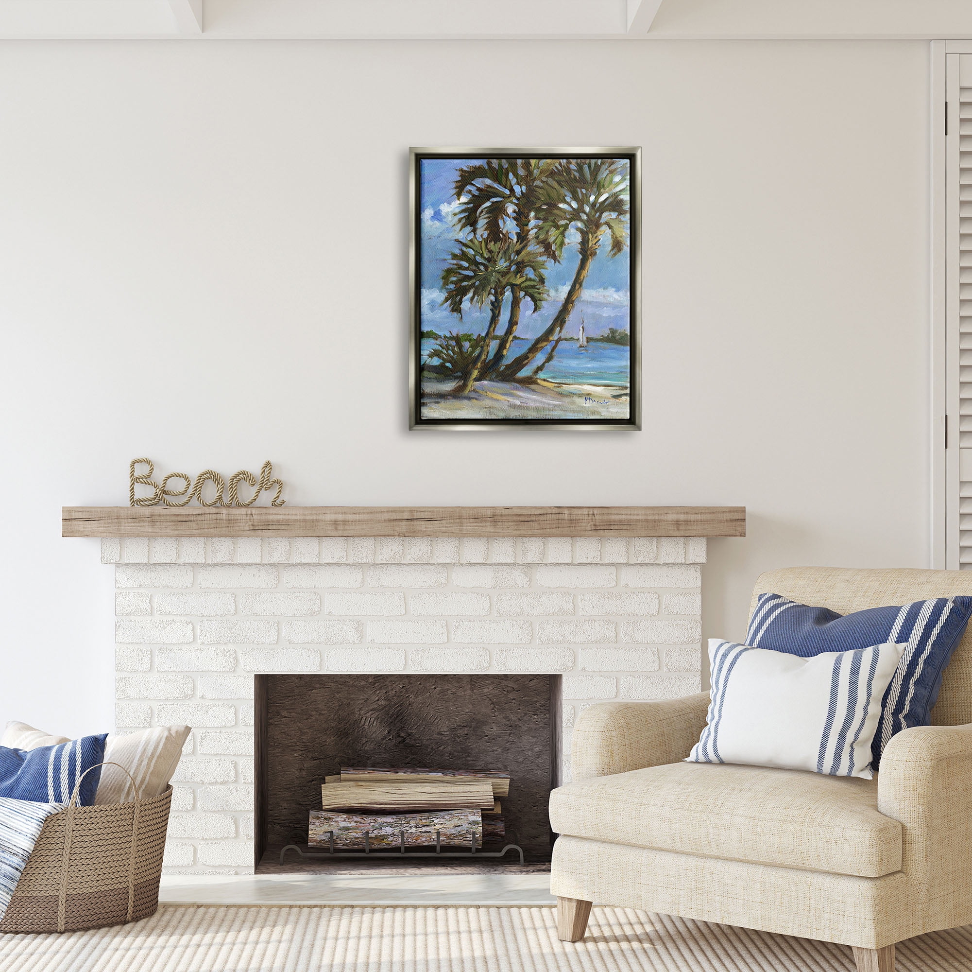 Stupell Industries Sailboat Tropical Shore Transportation Painting Gray Floater Framed Art Print Wall Art, 25 x 31