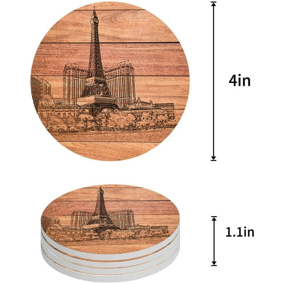 FMSHPON Paris City View Sketch Drawn on Vintage Wood Grain Set of 6 Round Coaster for Drinks, Absorbent Ceramic Stone Coasters Cup Mat with Cork Base for Home Kitchen Room Coffee Table Bar Decor