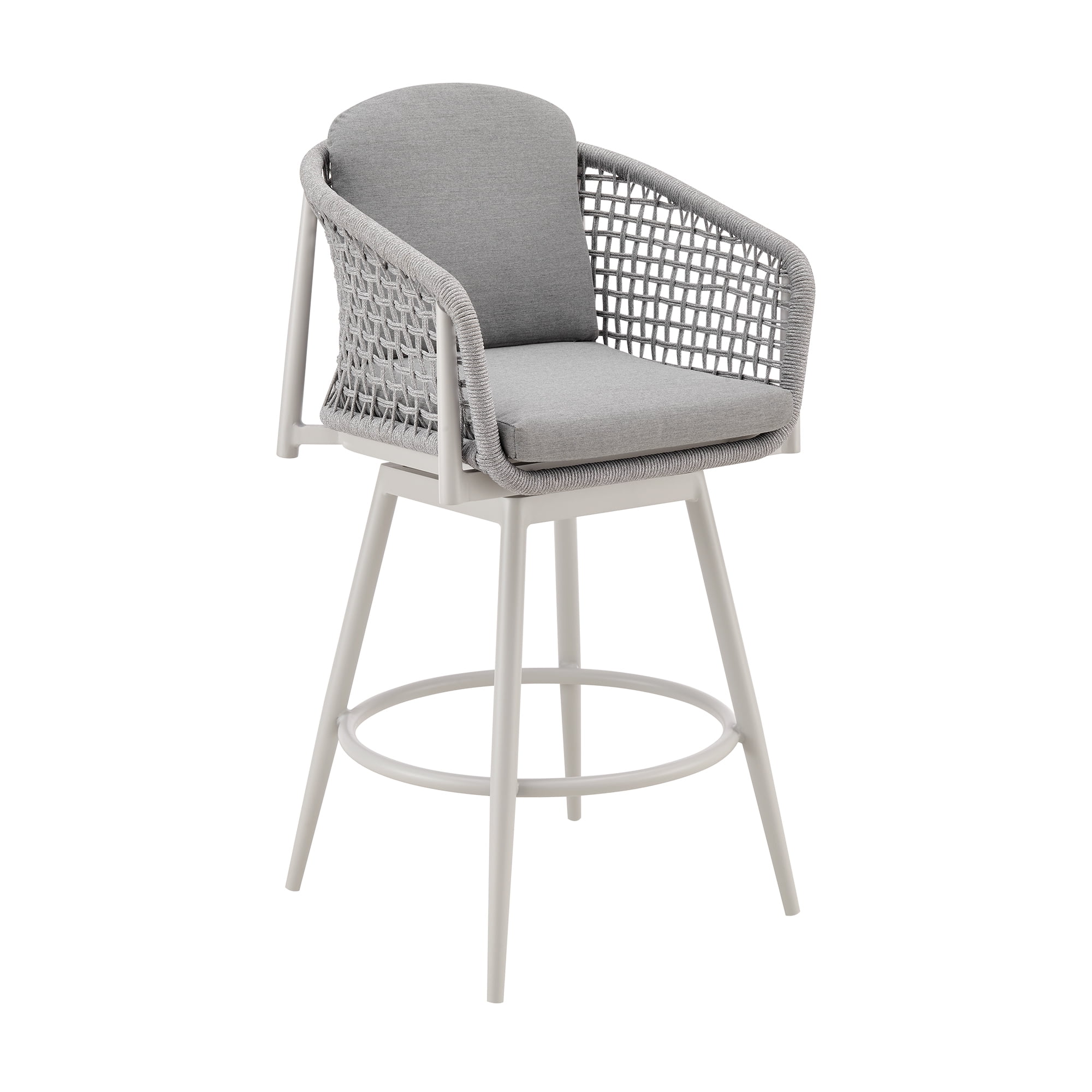 Rhodes Outdoor Patio Swivel Counter Stool in Aluminum with Light Gray Rope and Cushions - Set of 3