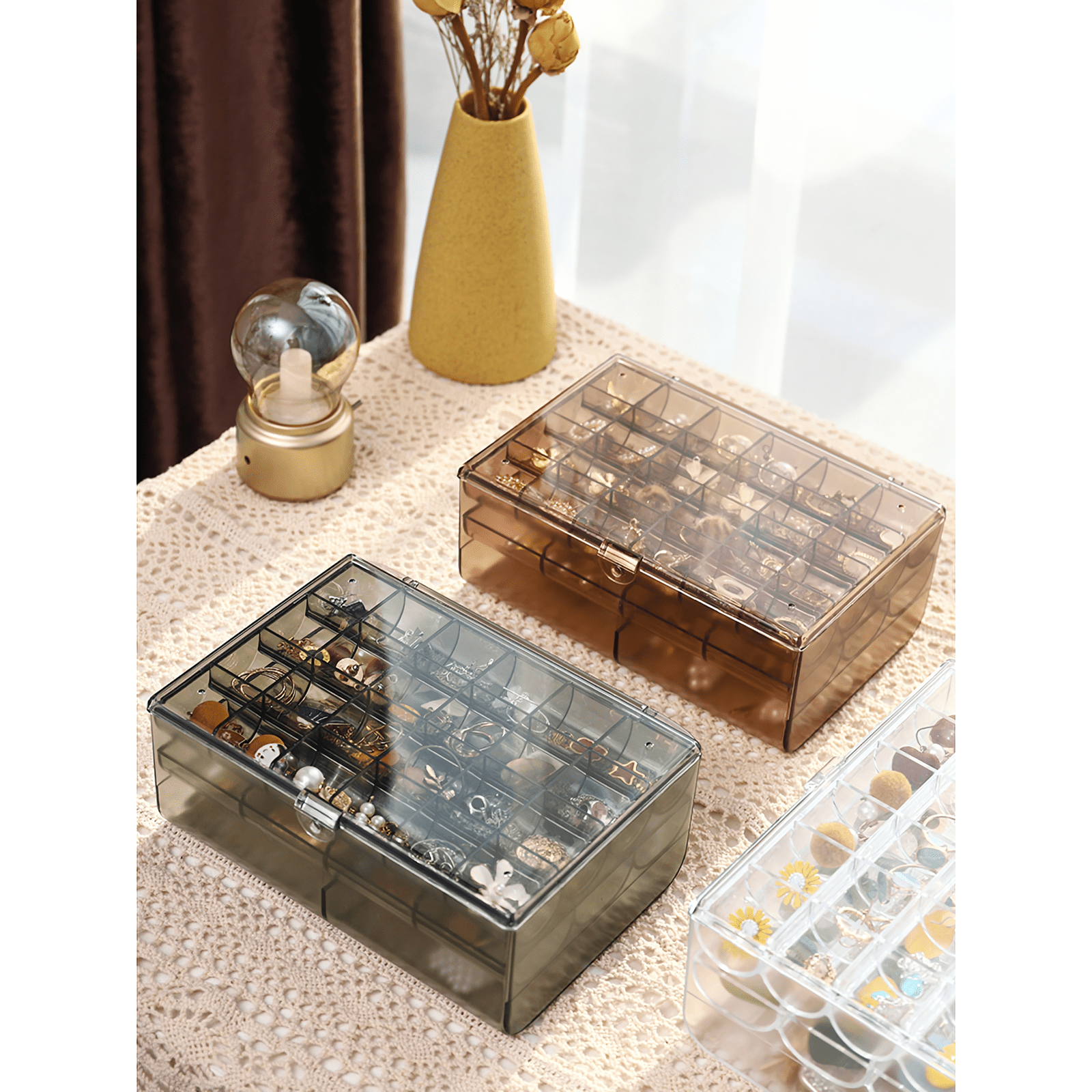 Yapicoco Earring Organizer, Acrylic Jewelry Organizer Box for Earrings Storage, Acrylic Jewelry Box Holder with 38 Small Compartment Trays, 3-Layer