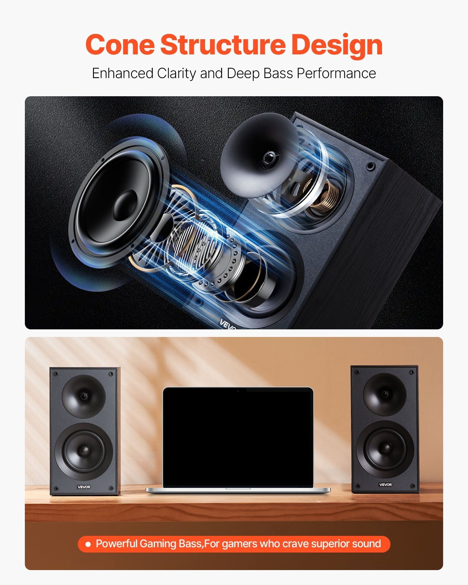 Passive Bookshelf Home Speakers Pair of Stereo Audio Speakers Cone 65Hz-20KHz