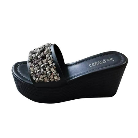 OJSFQUFP Women Shoes Casual Women s Summer Fashion Fish Mouth Platform Wedge Heels Sequin Sandals Fashion Slide Sandals Womens 2024 Kids House Slippers Black 40