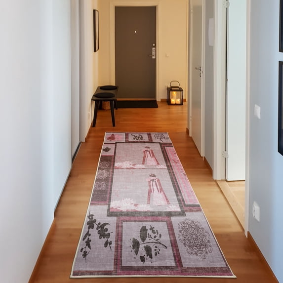 Asian Decorative Rug, Ethnic Woman with Folkloric Ornaments Dragon Mandala Tree and Flowers, Quality Carpet for Bedroom Dorm and Living Room, 6 Sizes, Baby Pink, by Ambesonne