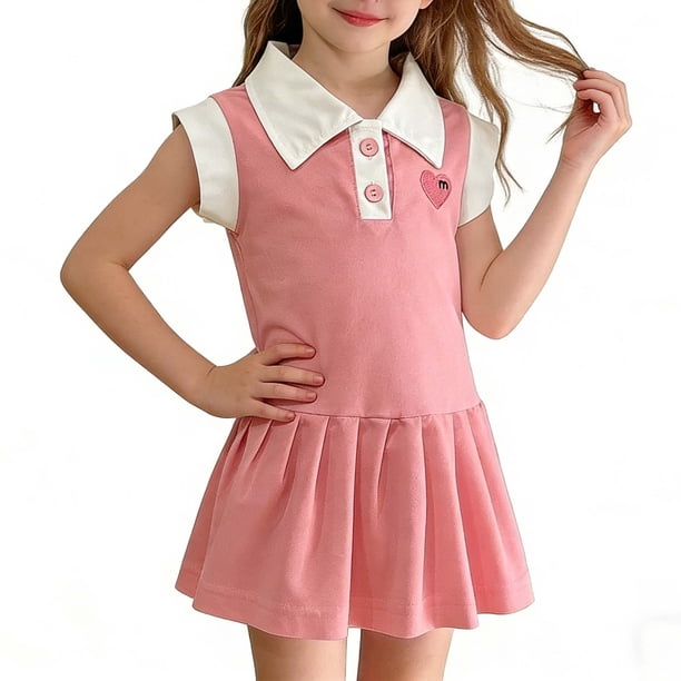 Odeerbi Niñas Plisado Tenis Vestido Corazón Bordado Color Bloque Sin Mangas Casual Vestido de Golf de Línea A