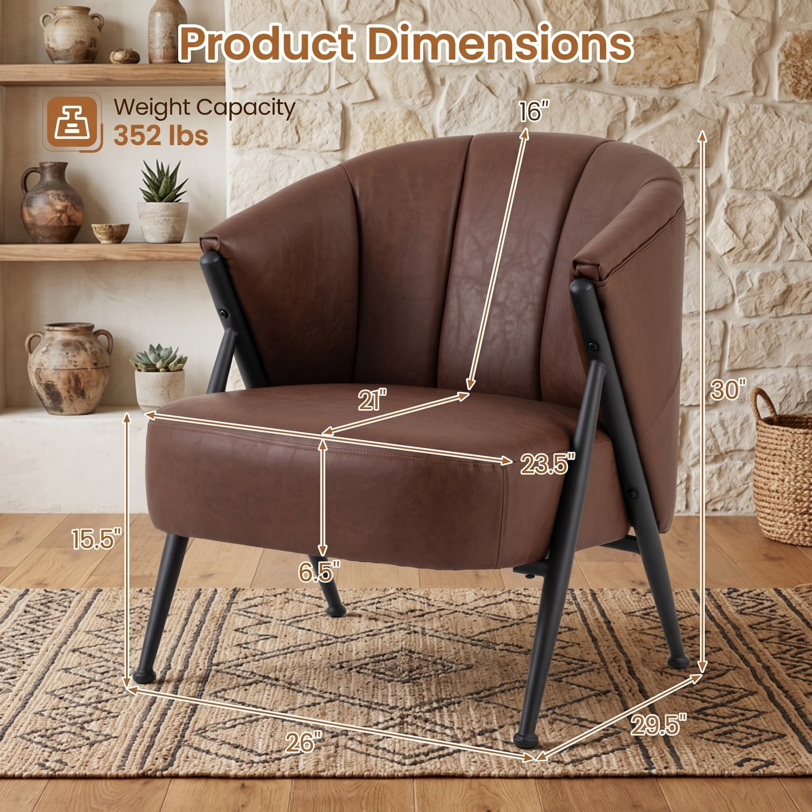 Furnibear Mid Century Modern Accent Chair, Comfy Upholstered Armchair with Curved Backrest and Wide Seat, 352 lbs Capacity Reading Lounge Chair for Living Room, Brown