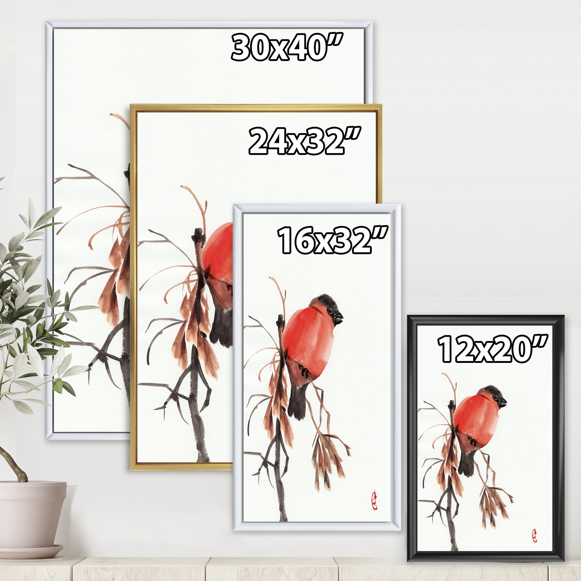 Designart 'Red Bullfinch Bird Sitting On A Branch' Traditional Framed Canvas Wall Art Print