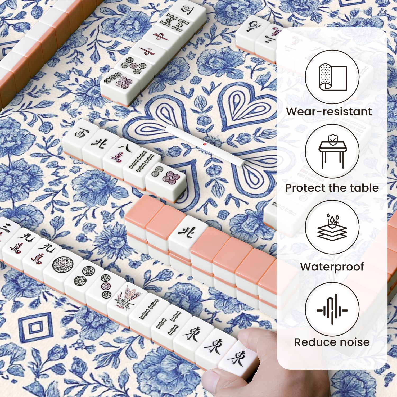 Mahjong Mat 31.5" x 31.5" Blue Floral Vintage Ornamental Heart Motif Anti-Slip and Noise Reduction Symmetry Design Mahjong Tiles Table Cover for Dominoes Poker Card Board and Tile Games
