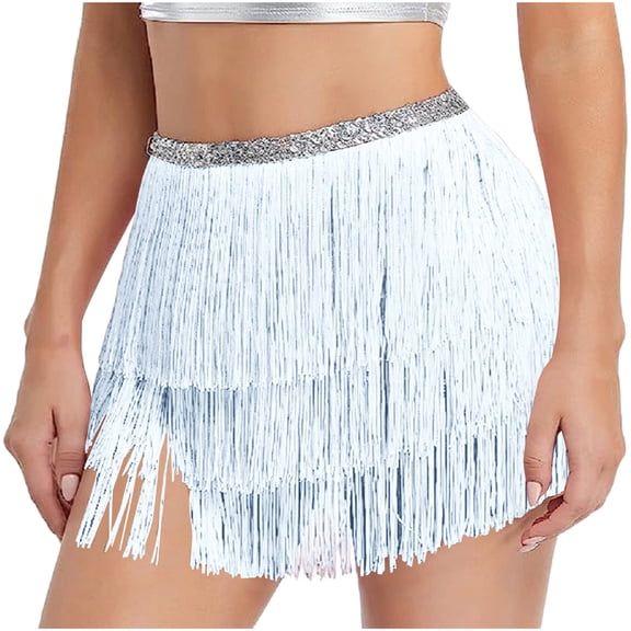 FAWUUDO Women Belly Dance Skirt Tassel Fringe Skirts Sparkly Sequin Hip Scarf Party