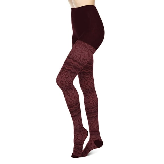 MeMoi Diamond Fair Isle Patterned Cotton Blend Sweater Tights - Womens - Female, Large/X-Large, Burgundy Heather