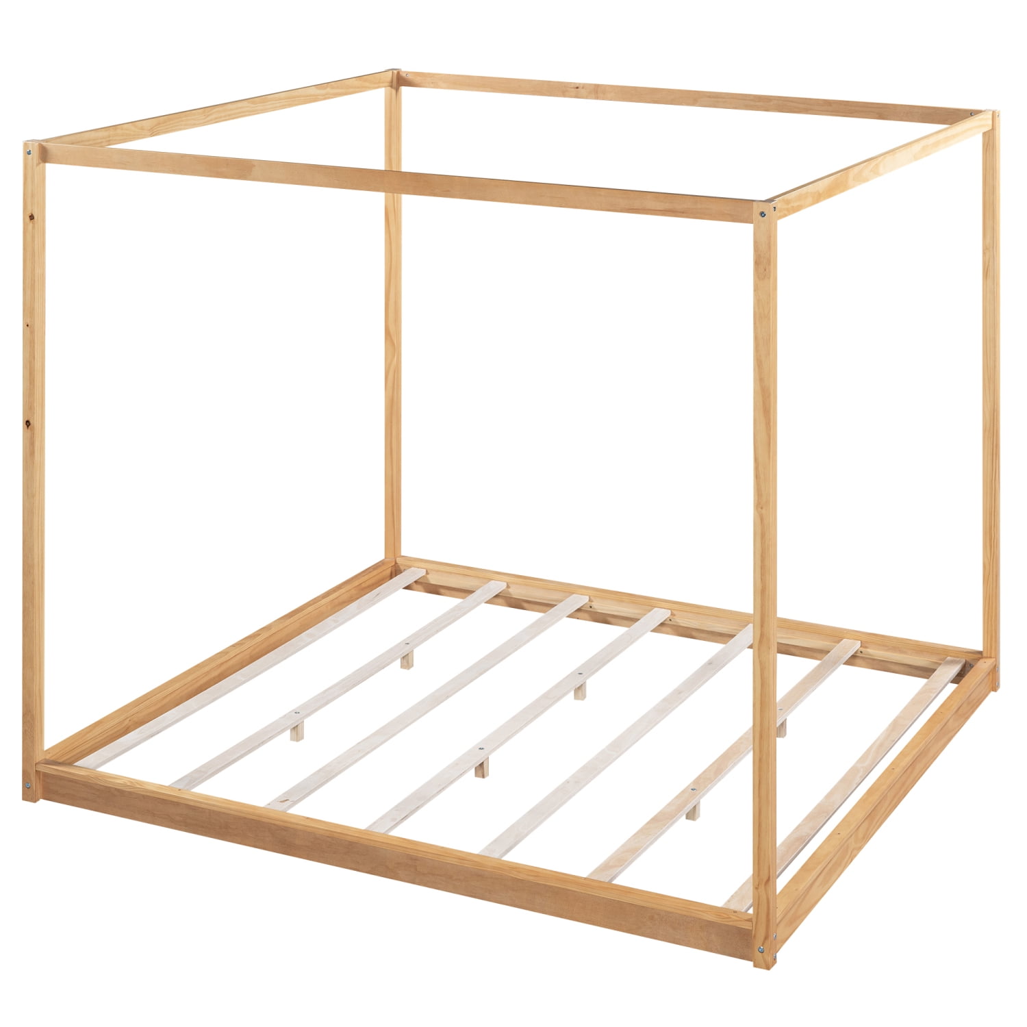 Harper & Bright Designs King Size Canopy Floor Platform Bed, Solid Wood 4 Post Canopy Bed Frame for Boys Girls Adult, Natural