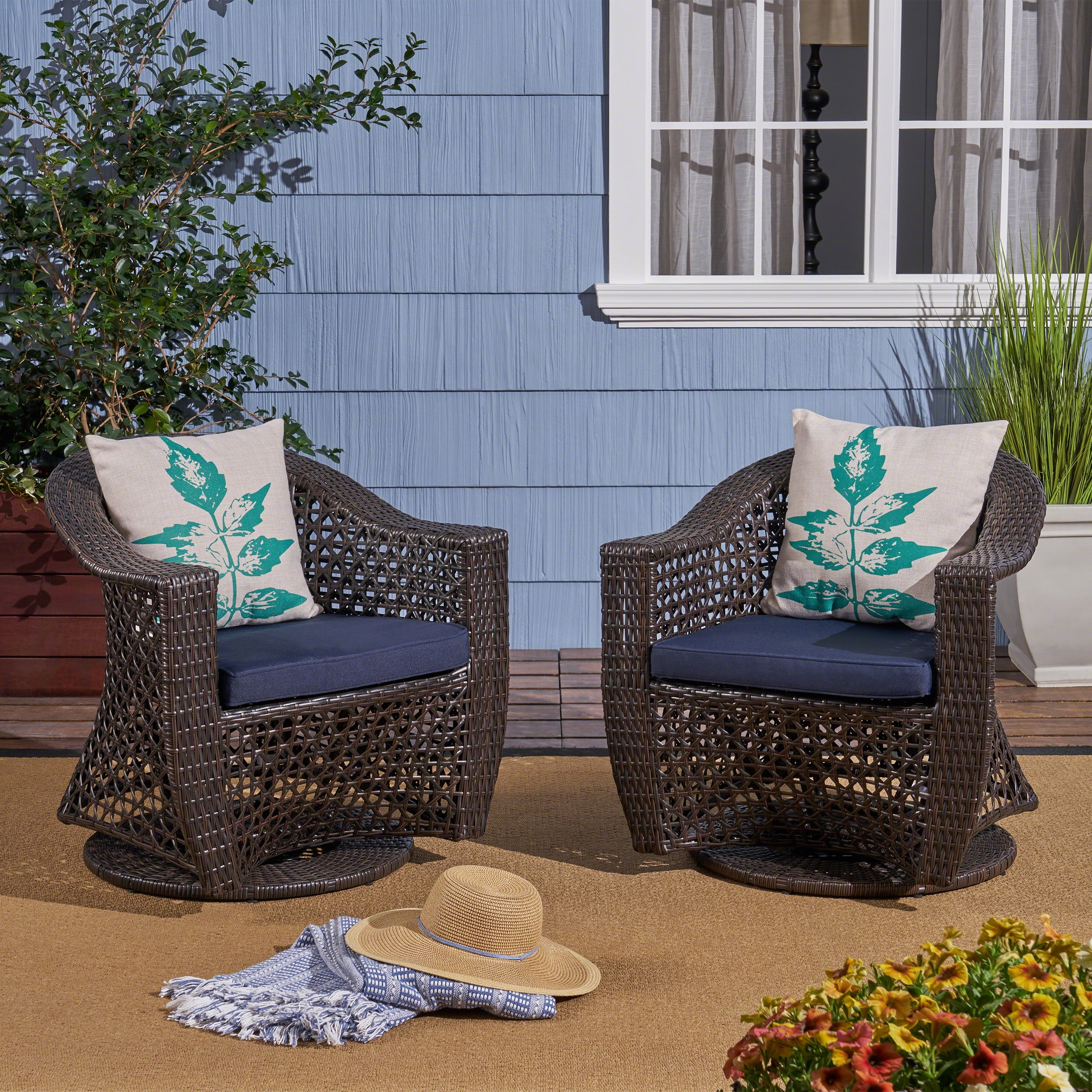 Zayn Outdoor Swivel Wicker Chairs with Cushions, Set of 2, Multi Brown