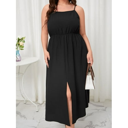 

Black Elegant Women s Plus Solid Split Hem Cami Dress 2022 1XL(14) Y060D