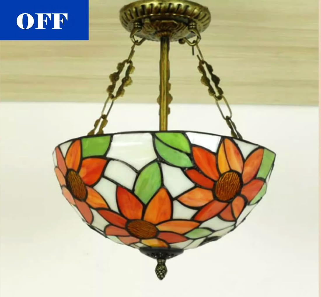 Kiven 11.8in Plug-in Flush Mount Ceiling Light Fixture, 2-Light Anti Glare Close to Ceiling Light with 15FT Cord, Tiffany-Style Glass Chandelier Dimmable for Bedroom Kitchen Hallway(No.3221)