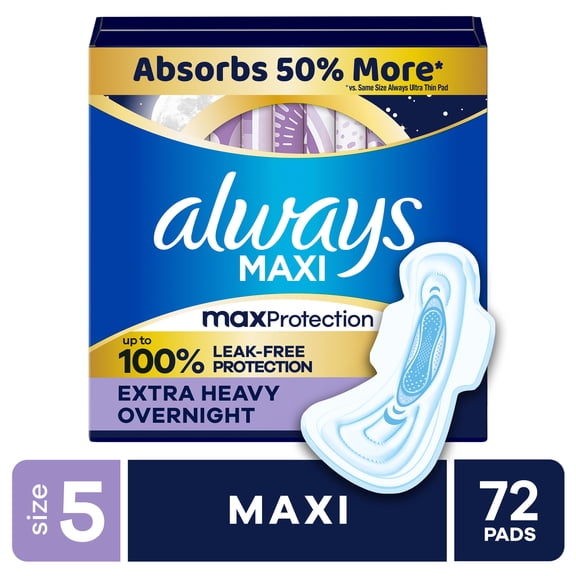 Always Maxi Pads for Women, Extra Heavy Overnight Pad with Wings, Size 5, Unscented, 72 Count