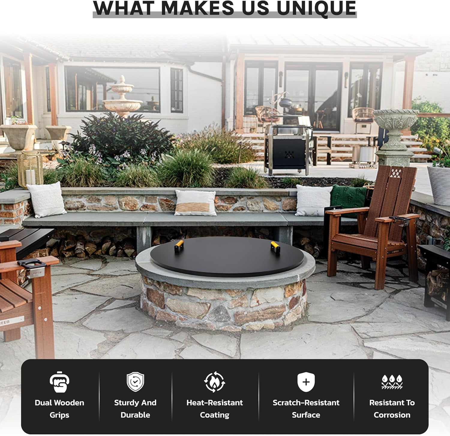 Febtech 30" Round Fire Pit Cover Heat Resistant Shield With Dual Wooden Handles Perfect for Fire Pit Inside Up to 28"