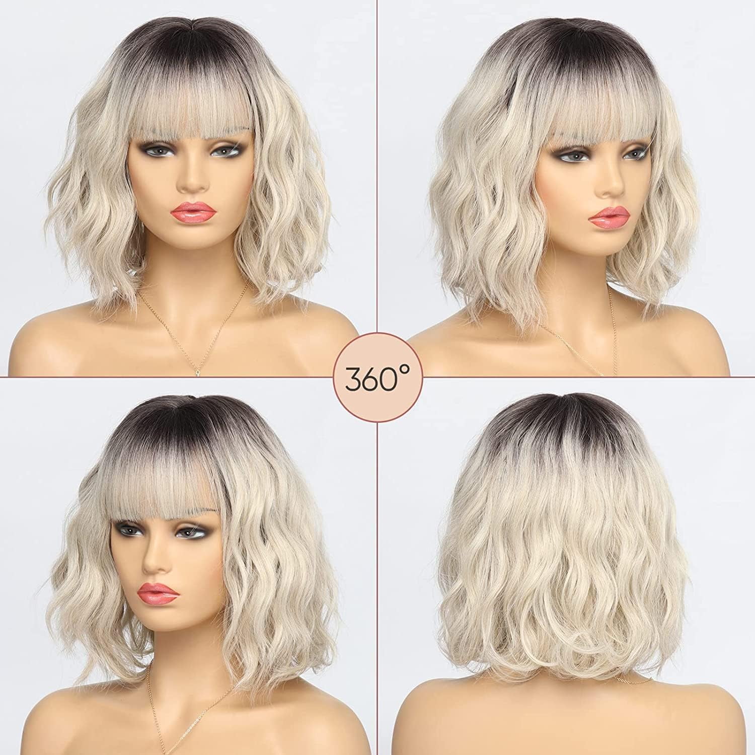 SUCS Short Wigs for Women Grey Wavy Bob Wig with Bangs Medium Length Synthetic Hair Water Wave Dark Roots Wig Gray Colorful Wigs（12 Inches）