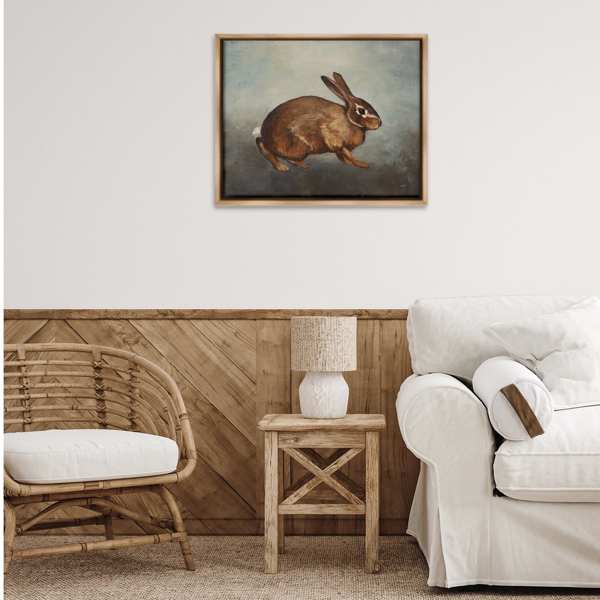 Stupell Industries Brown Rabbit on Grey Animals & Insects Painting Brown Floater Framed Canvas Art Print Wall Art, 31 x 25