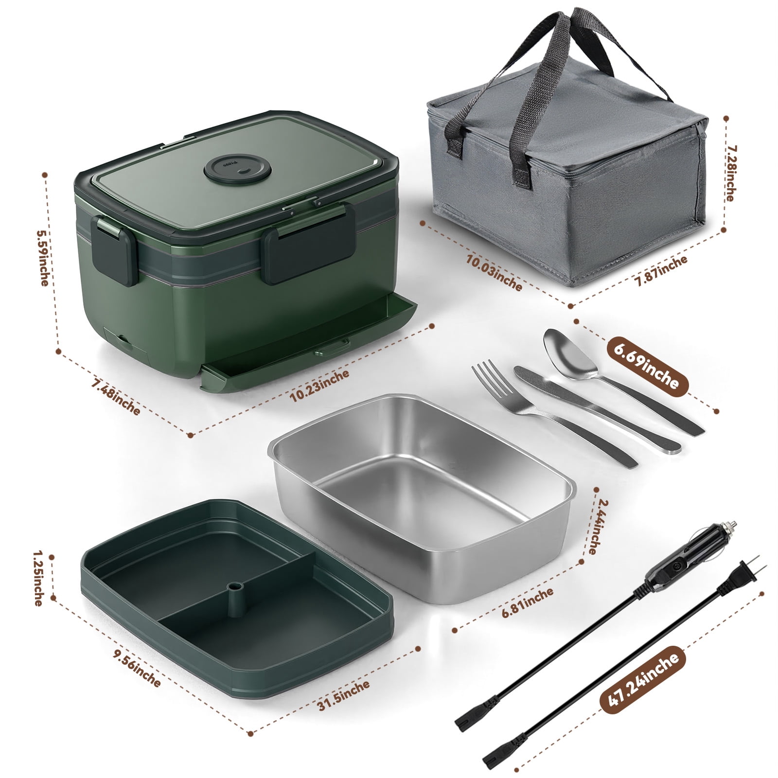 Electric Heated Lunch Box for Men - 3 Liters Double Layer Portable Food Warmer for Car Truck 90 W Self Heating Lunch Box for Adults Food Heater for Work Travel Camping lonchera,Green