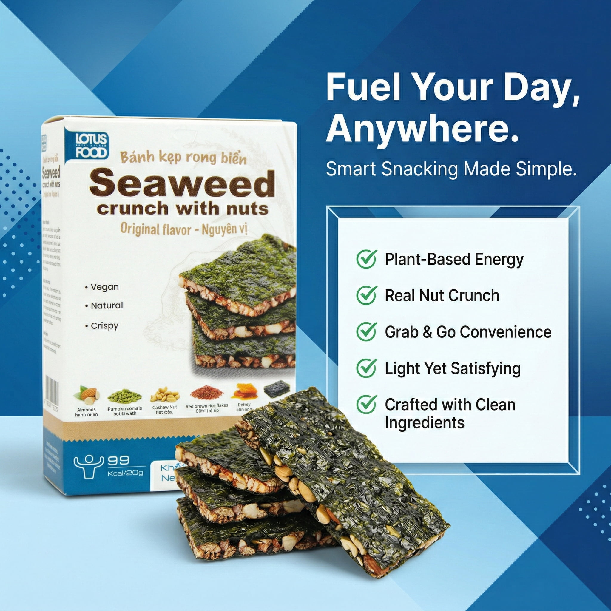Veefood Lotus Seaweed Snack Crunch with Nuts – Crispy Roasted Seaweed Chips, Original Flavor, Healthy Vegan Snack, 3 Pack (100g Each)