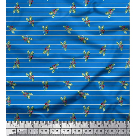 Soimoi Blue Japan Crepe Satin Fabric Stripe & Red Berries Fruits Decor Fabric Printed Yard 42 Inch Wide