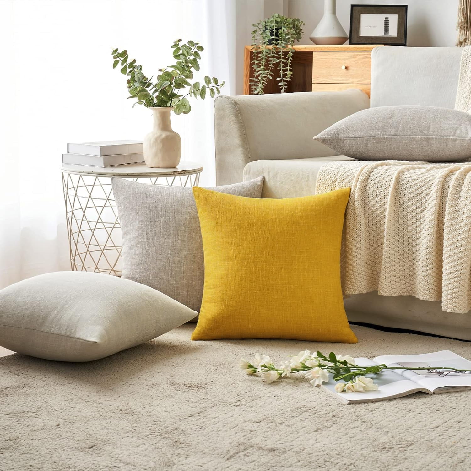 Knubmt 2 Pcs Linen Throw Pillow Covers with Zipper, Decorative Pillows Case Square Cushion Covers for Sofa Couch Bed Living Room, 16x16 inch