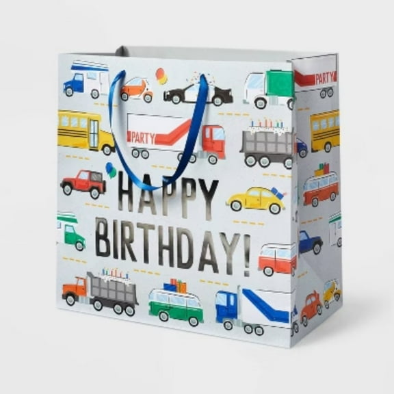 Large Square 'Happy Birthday' Vehicles Gift Bag White - Spritzâ„¢: Multicolor Boys Birthday Party Gift Bag, 15"x15"x8"