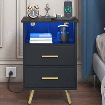 ENYOPRO Black Nightstand with Charging Station and RGB Light Strip, Smart LED Nightstand with 2 Drawers, Modern End Side Table, Bedside Table for Home and Office
