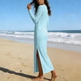 thumbnail image 6 of Ayolanni Round Neck Fall Dresses Long Sleeve Plus Size A-Line Maxi Dresses Casual Daily Split Solid Long Dress with Pockets Blue L, 6 of 6