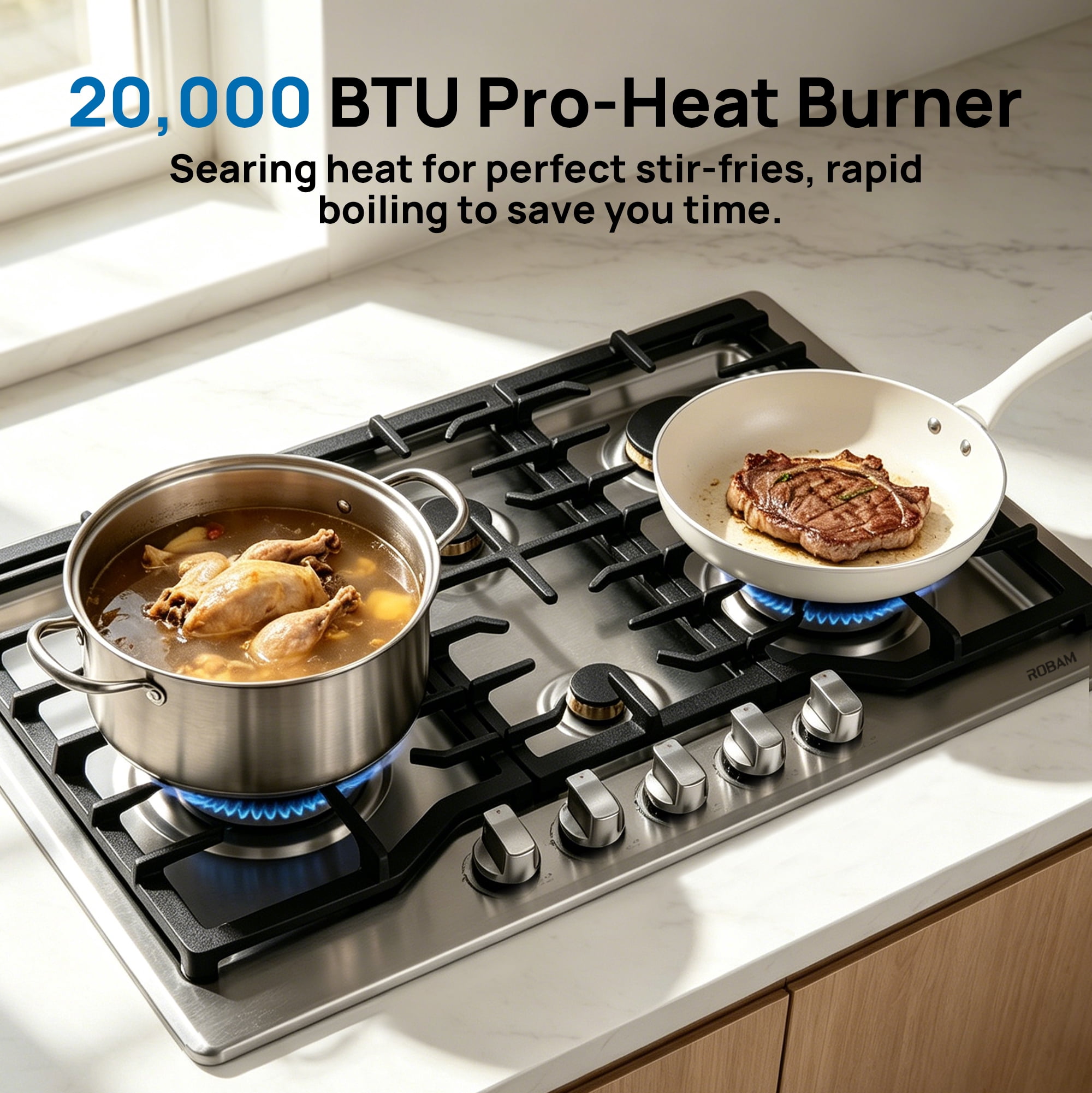 ROBAM 30" Gas Cooktop G513, 5 Made in Italy Brass Burners, 304 Stainless Steel Built-in Gas Stove, 20,000 BTU Dual-Flame Wok Burner, NG/LPG Convertible with Flame Failure Protection