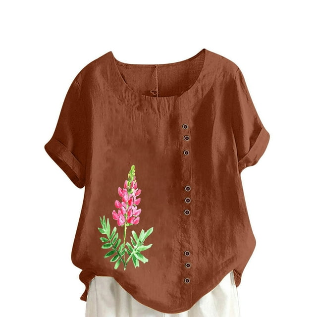 Vestidos Casuales Para Mujer, Blusas De Mujer De Moda Blusa informal de lino con cuello redondo y manga corta con botones para mujer, talla grande, estampada