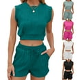 thumbnail image 2 of XBASW Women Summer Shorts Outfits Crewneck Sleeveless T-Shirt Tops + Drawstring with Pocket Shorts Casual Set S-XXL, 2 of 12