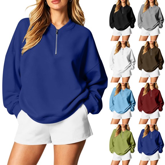 Women Sweatshirt Dqueduo Women's Long-Sleeve Solid Color Casual Loungewear Top – Drop Shoulders & Half-Zip Collar Blue XL