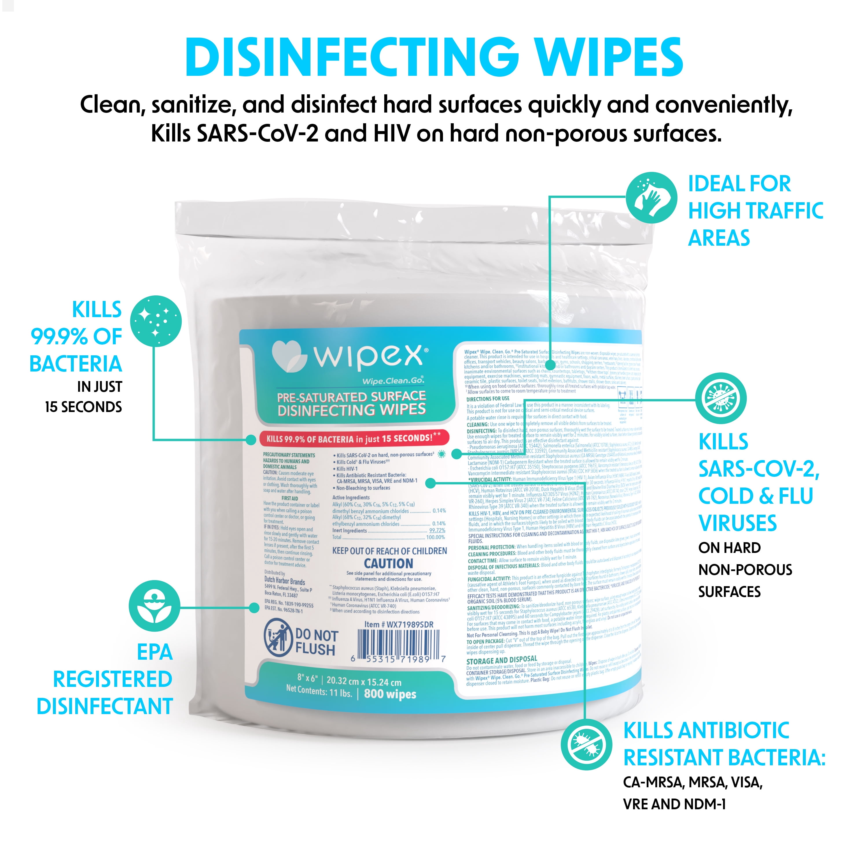 Wipex Antibacterial Gym Wipe Refills - EPA Registered Disinfecting Cleaning Wipes for Refills, 4pk Case