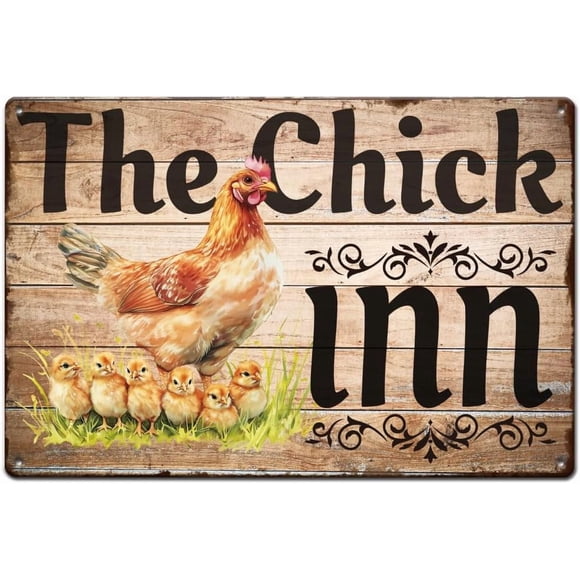 The Chick Inn Tin Sign Chicken Coop Metal Signs Farm Chicken Metal Tin Sign Funny Signs and Plaque Chicken Signs Chicks Metal Wall Art for Kitchen Farm Man Cave Wall Decoration