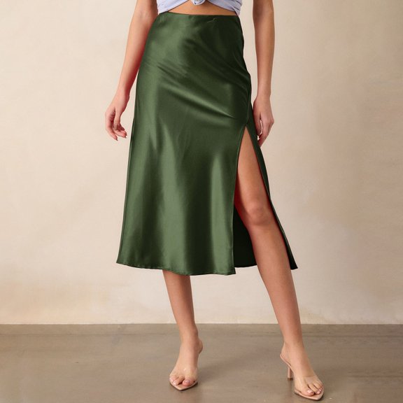 Skirts for Women Skirt Womens Satin High Waist Midi Skirt with Slit and Elastic Waistband for Everyday Styling Green M