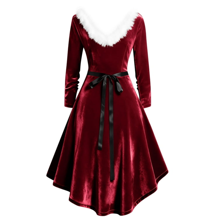 THDHVS Linen Dress,Dresses for Women,Fashion Velvet Long Sleeve V Neck  Dress with Faux Fur Collar for Holiday Wine