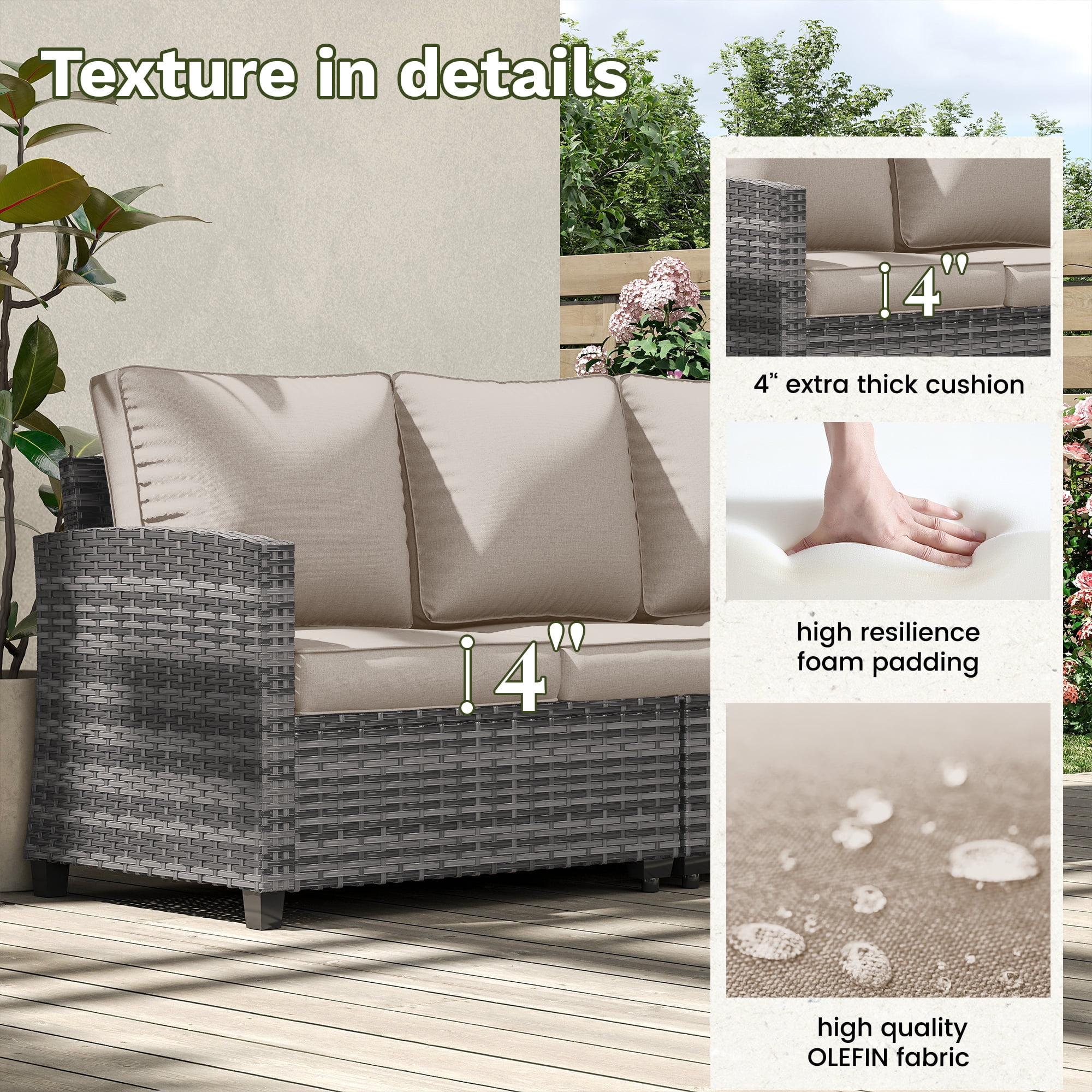 POTEBAN Patio Furniture Set with 44" Fire Pit Table, 9 Pieces Outdoor Sectional Conversation Sets with Swivel Chair & Ottoman for Garden Backyard Deck, Khaki