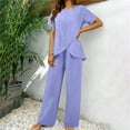 thumbnail image 5 of Two Piece Sets for Women Trendy Casual Short Sleeve Round Neck Solid Top and Elastic Waist Long Pants Sets, 5 of 9