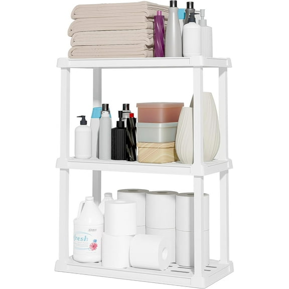 IRIS USA 3-Tier Light Duty Plastic Shelf 150lb Capacity, Medium Modular Shelving Unit Storage Organizer, White