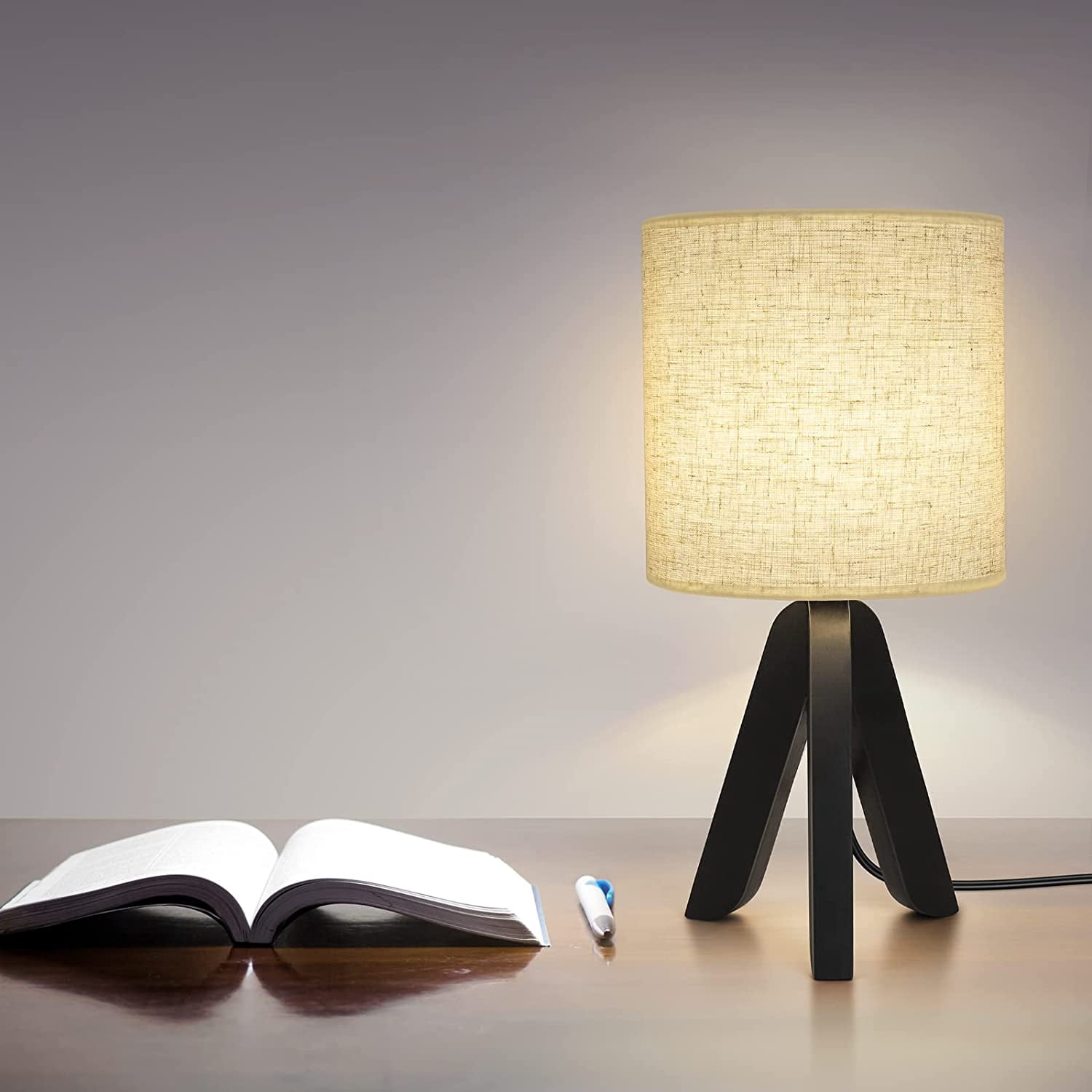 Small Table Nightstand Lamp with Black Wooden Tripod Base, Linen Shade