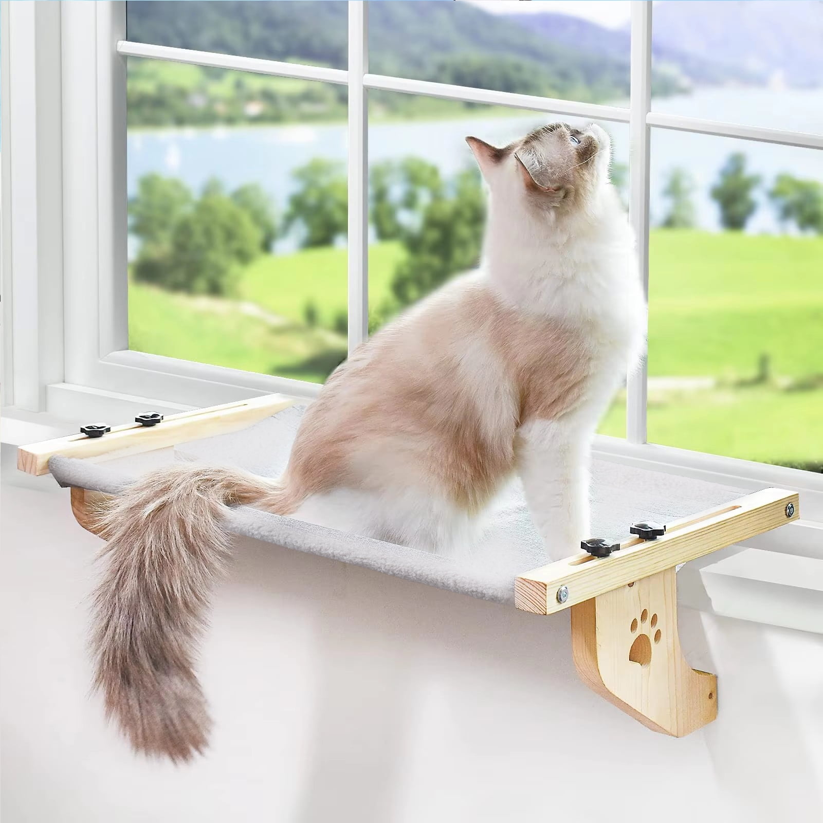 Lumikrypt Cat Window Perch, 24.4×15in Cat Window Bed with Cushion, No Drilling, No Suction Cups Needed, Cat Window Hammock for Bedside,Drawer and Cabinet