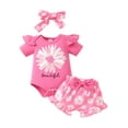 thumbnail image 2 of Aojekbee Baby Girl Summer Outfits Letter Print Short Sleeve Rompers Sunflower Print Shorts Headband 3Pcs Clothes Set, 2 of 9