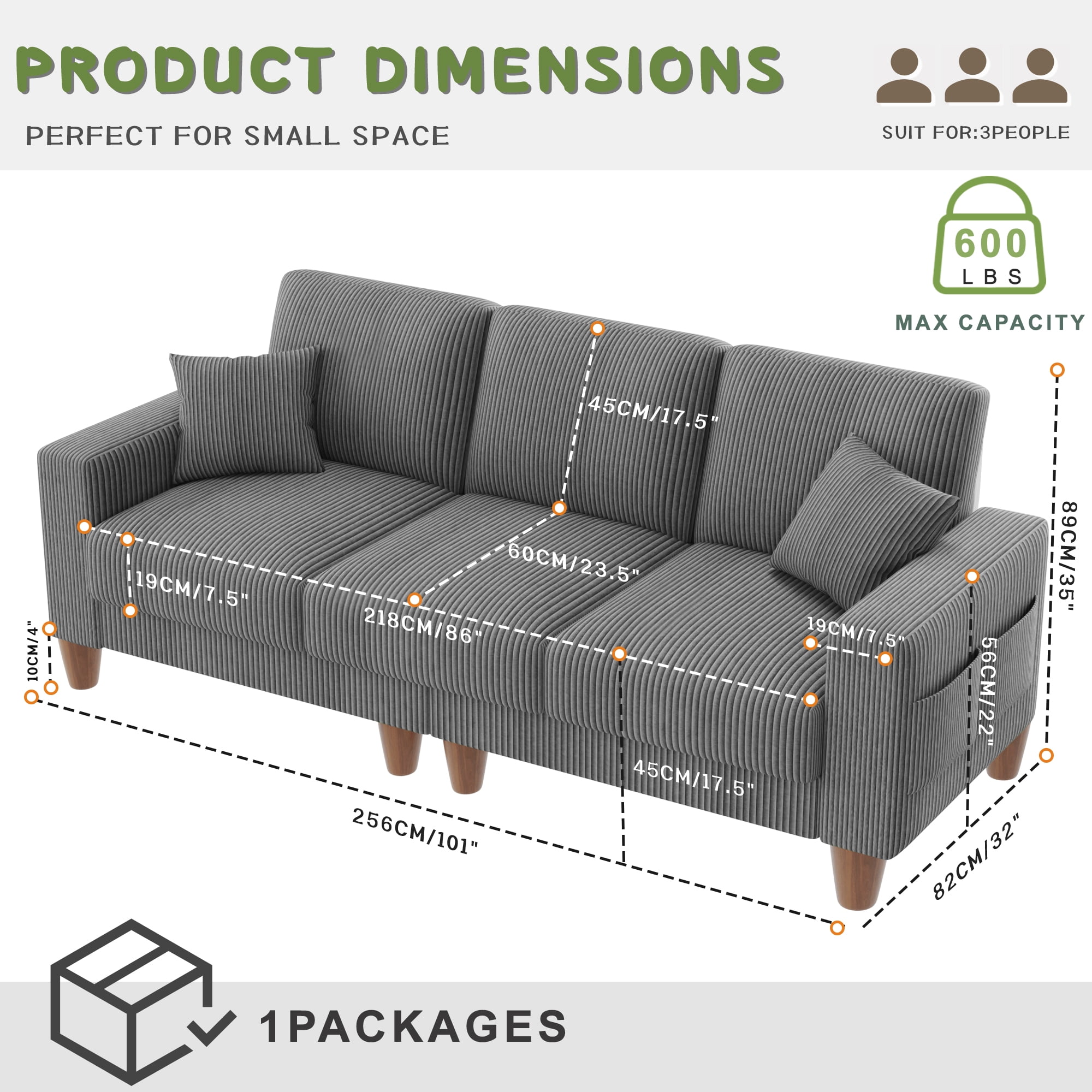 AAQZ 101" Corduroy Sofa Couch for Living Room, 3 Seater Deep Seat Comfy Couch in a Box, 2 Cushions, 2 Pillows Tool-Free Setup,Gray